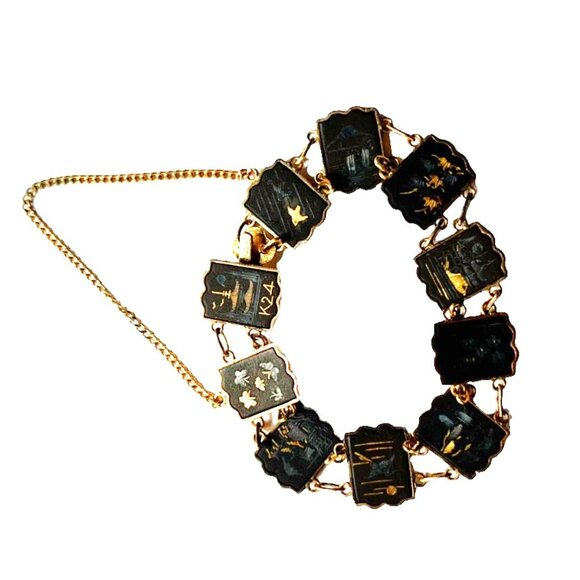 RARE Vtg Japanese Damascene Shakudo Panel Necklace/Bracelet/Screw-On Earrings - Picture 10 of 16